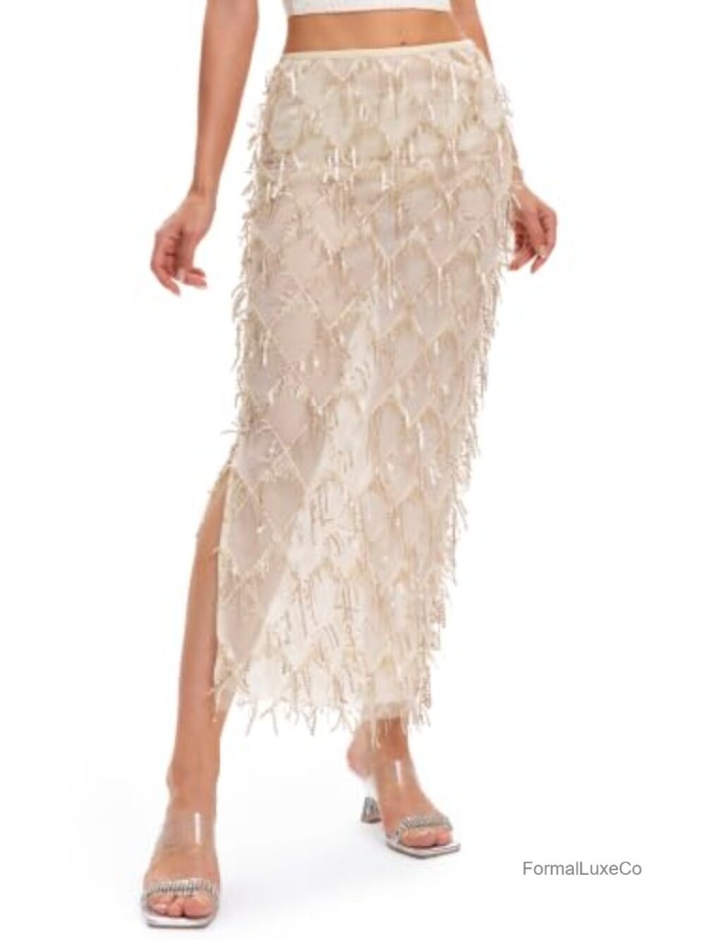 Women's Sequin Fringe Midi Skirt Sheer Mesh Tassel Night Out
